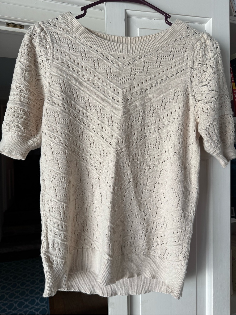 LOFT Cream Openwork Short-Sleeve Knit Sweater